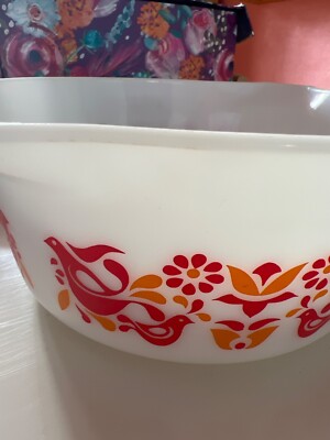 Vintage 473 Pyrex 1 Qt Casserole Dish Friendship Orange Red Birds