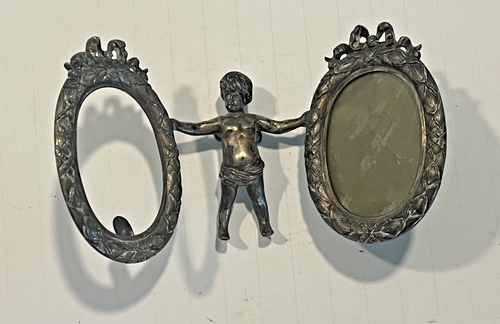 ANTIK (ART DECO)! Doppel-Fotorahmen Silber 1900 Cherub Baby Engel
