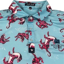 Bad Birdie Golf Polo Shirt Tiger Animal AOP Performance Blue Mens Size Large
