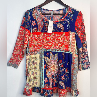 3/4 sleeve multicolor baby doll top with pattern block size M simply obsessed