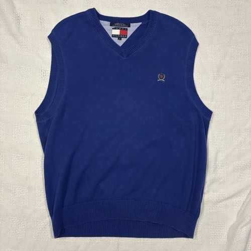 Tommy Hilfiger, 1990's Tommy Hilfiger Royal Blue Green Knit Vtg V Neck Sweater Vest Men's Large