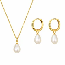 3PCS Gold Stainless Steel Pearl Drop Hoop Earrings & Necklace Set for Women