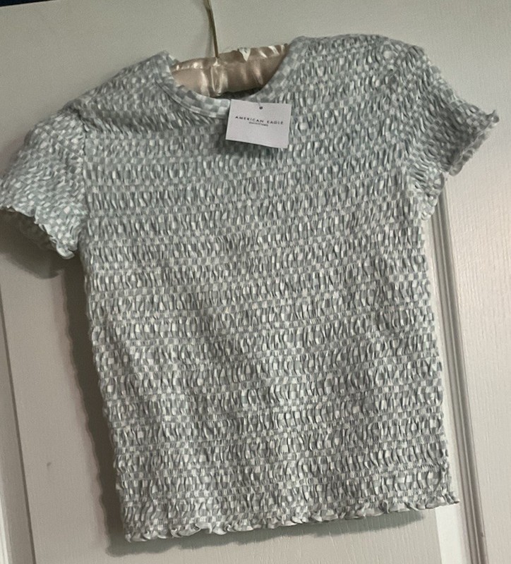NWT American Eagle Girls Size Small Girls Elastic Embellish Blouse Blue& White