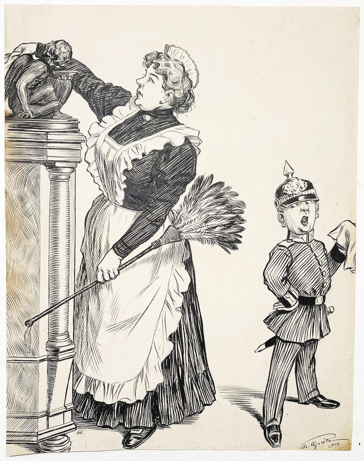 Theodor Grätz - El Pequeño Soldado Y La Limpiadora - Dibujo De Sirvienta 1910