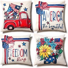 4th of July Decor-Throw Pillow Covers 18x18in Set of 4,Patriotic Linen Pillow