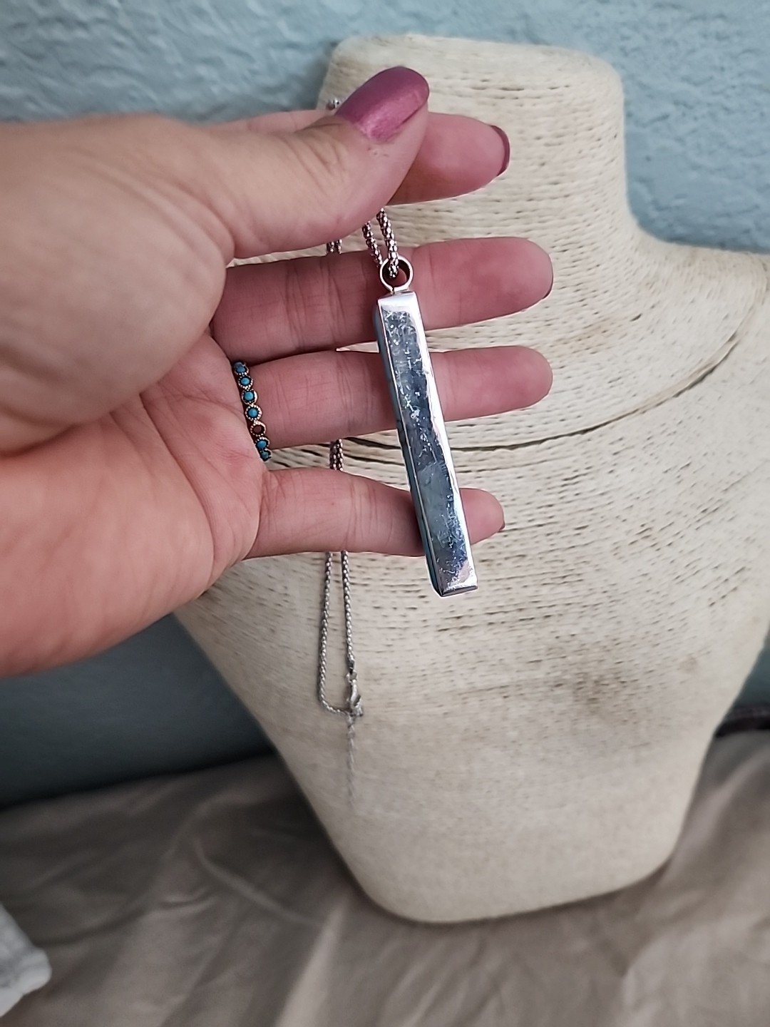 925S. Silver Turquoise Rectangular Bar Pendant Ne… - image 6