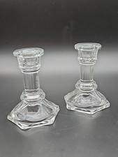 Vintage 4 Glass Hexagon Candlesticks, two
