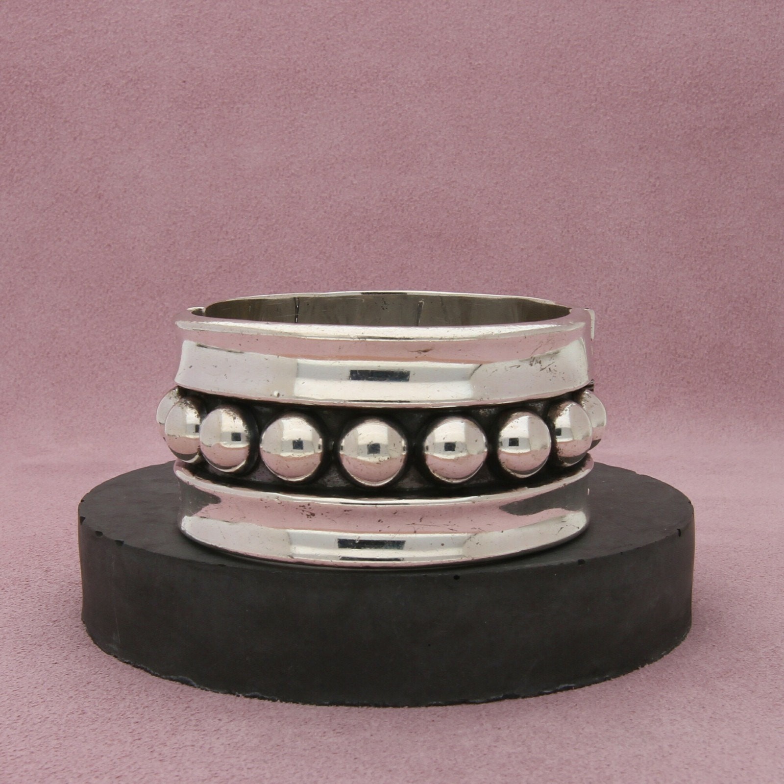 Vintage Taxco Mexico Sterling Silver Beaded Clamper Bangle Bracelet 7.25in