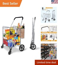 Utility Folding Shopping Cart, 115L Heavy Duty Grocery Cart with Double Baske...