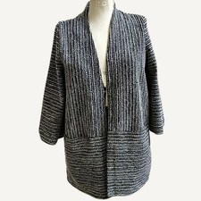 CLARA SUN WOO Cardigan Jacket M Black White Open Front Stretch USA Made Pockets