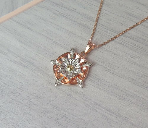 Sterling Silver Rose Gold Plated English Rose Pendant Necklace Mothers Day Gift - Picture 2 of 2