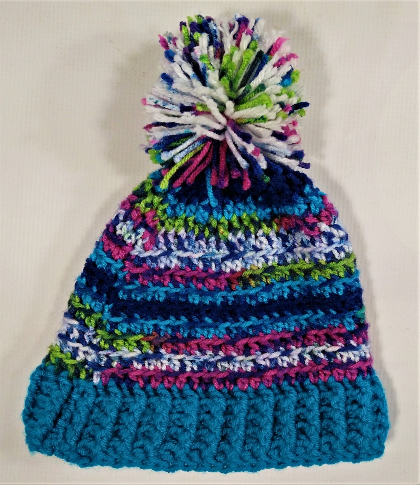 Handmade Blue Green Purple Knit Beanie with Cuffed Tassel Pom Winter Cap-image