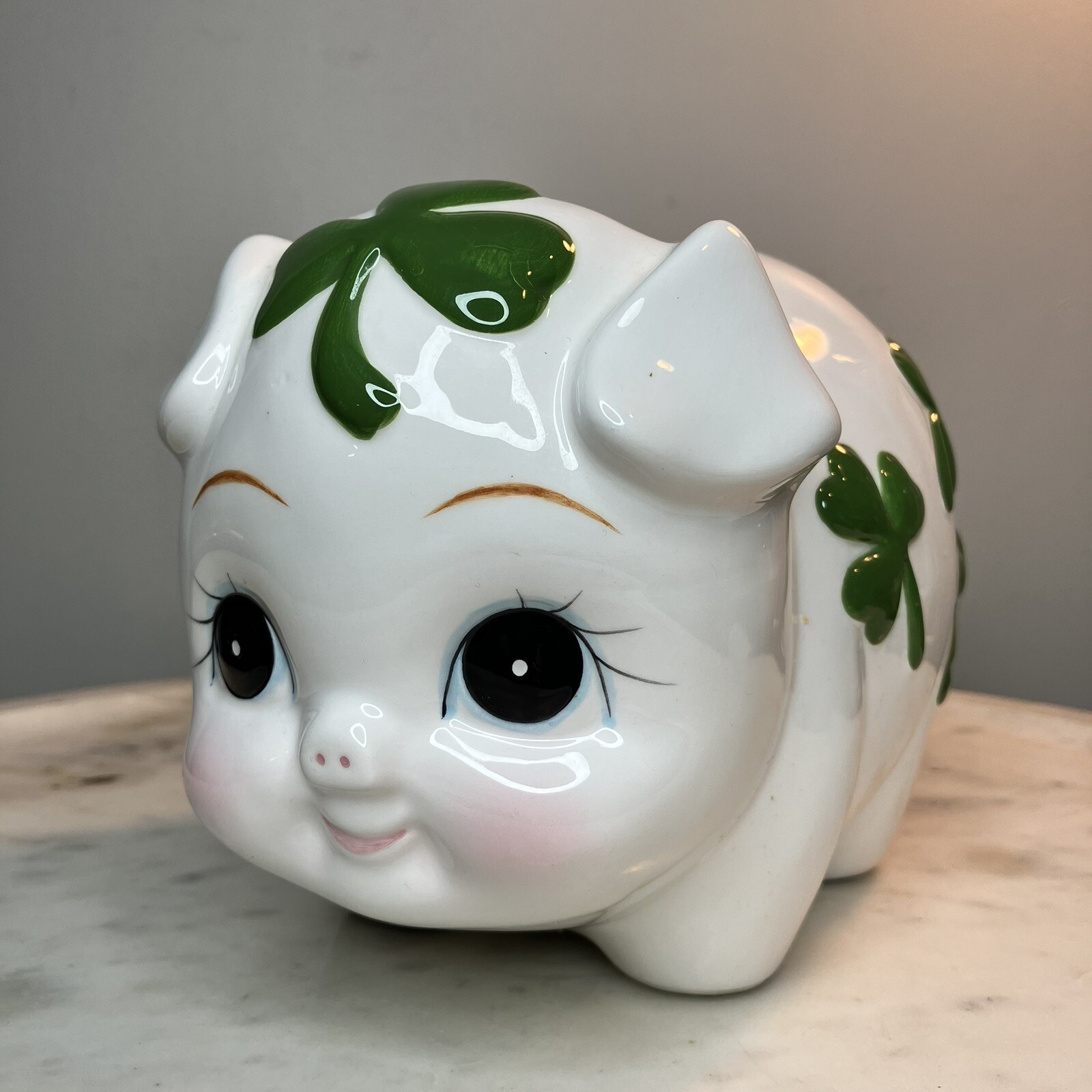 VTG Lefton Irish Leaf Clover Shamrock Ceramic Hand Painted Piggy Bank Excellent