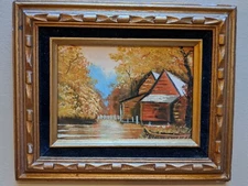 Vintage Old Water Mill Oil Painting, Autumn Scene, WCT, Country, Small