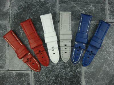 24mm Deployment Strap Leather Watch Band for fits PANERAI Blue White Short S