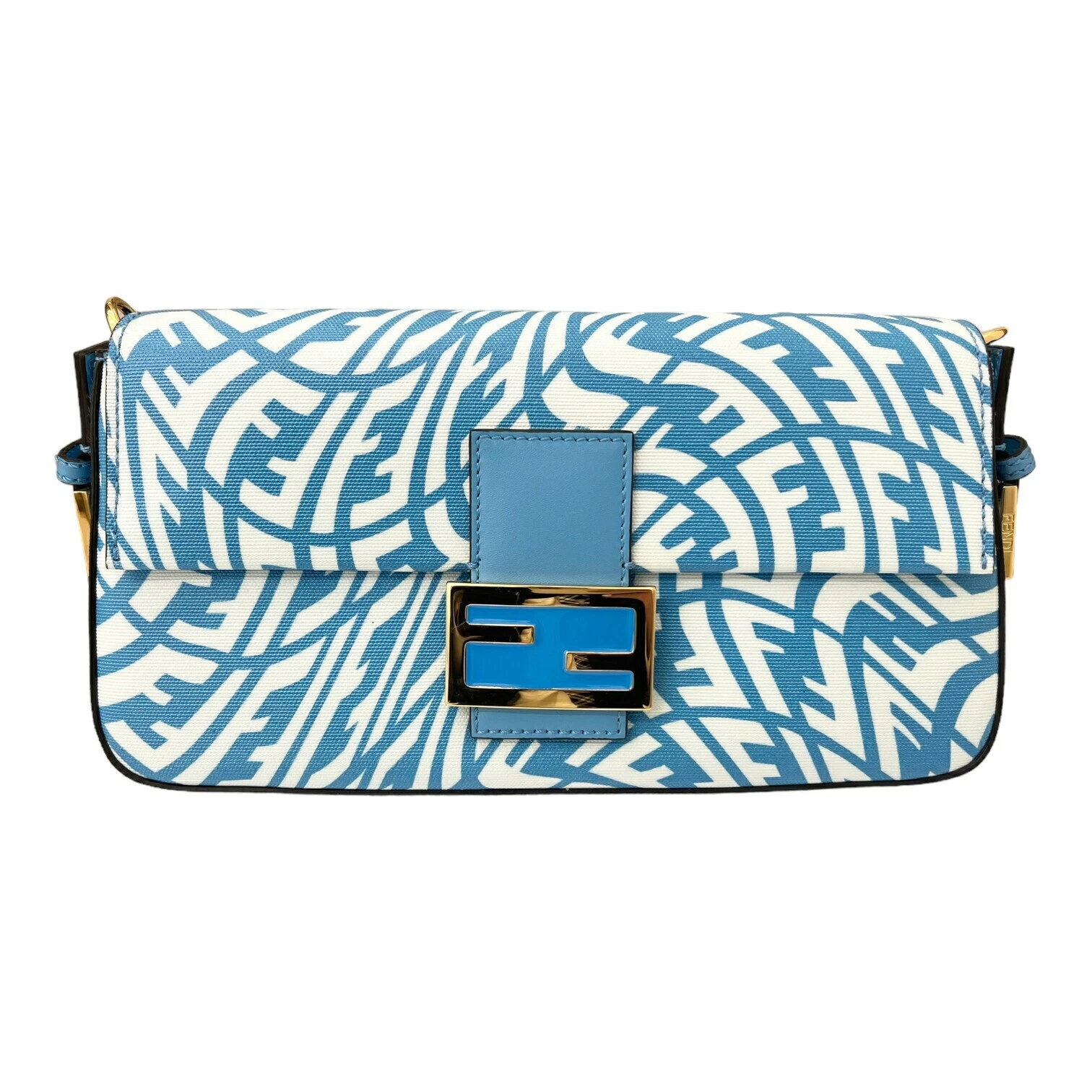 Borsa a mano Fendi Baguette 8Br792 blu rivestita tela chiusura patta donna usata
