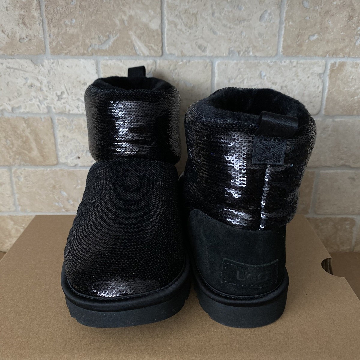 UGG CLASSIC MINI MIRROR BALL BLACK SEQUIN SUEDE SHEEPSKIN BOOTS