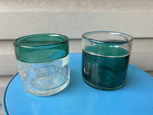 West Elm Teal Clear Bubbles Swirl Heavy Art Glass Candle Holders Jars 3.5” 2