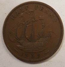 1939 Ship Half Penny Old British Coin