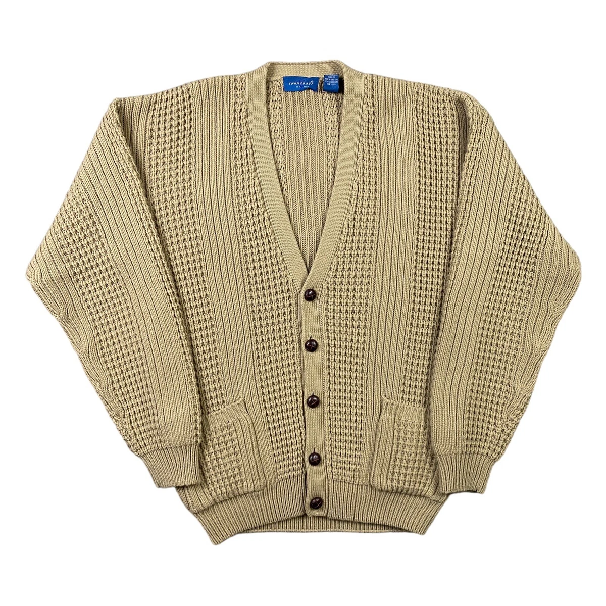 VINTAGE Towncraft Cardigan Sweater Adult Medium Cable Knit Tan Grandpa Mens