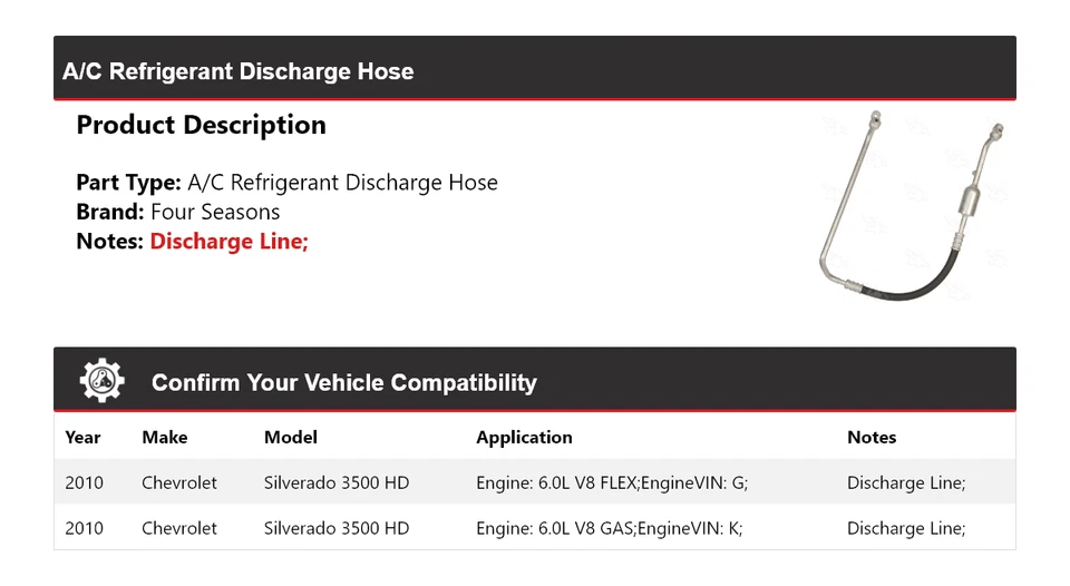 Manguera de descarga de refrigerante aire acondicionado HD 2010 Chevrolet Silverado 3500 4 estaciones Foto 2 de 4