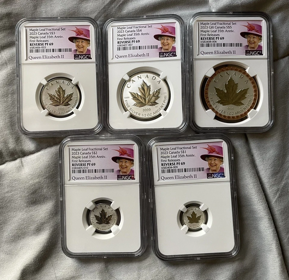 2023 QUEEN ELIZABETH SILVER 35TH MAPLE LEAF NGC PF69 5-COIN REVERSE PROOF SET - Image 2 of 4