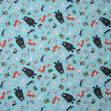 Animal Fabric - Bear Fox Rabbit Owl Toss Aqua Blue - Timeless Treasures YARD