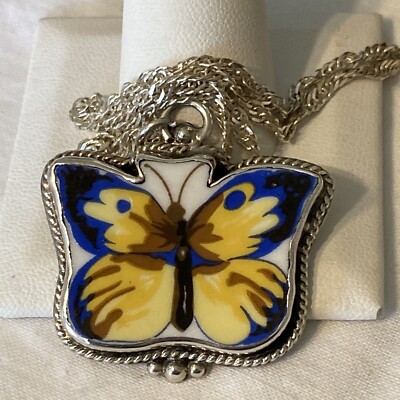 STERLING SIGNIERT EMAILLE SCHMETTERLING ANHÄNGER mit SINGAPUR KETTE 23,75''