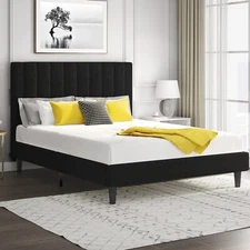 Full Size Velvet Upholstered Vertical Channel Platform Bed with Headboard/Black