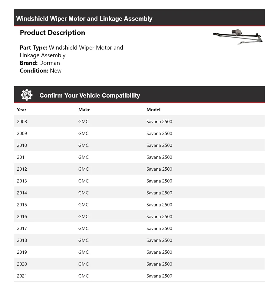 Para 2008-2021 GMC Savana 2500 Dorman limpador de para-brisa motor e conjunto de ligação - Imagem 2 de 4