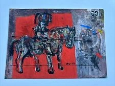 VINTAGE PAINTING ABSTRACT EXPRESSIONIST MAN ARMOR SOLDIER HORSE MODERNISM SIGNED