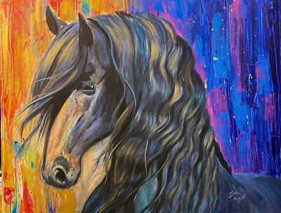 The Black Knight 9''x12''inHD Metal Horse Painting Print On Aluminum by Irma Mason