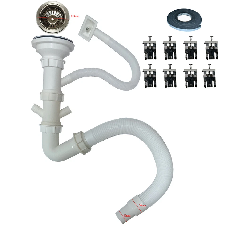 OMEERE Ablaufgarnitur Spüle Siphon Siebkorb Abfluss Schlauch Klammer Dichtband 110