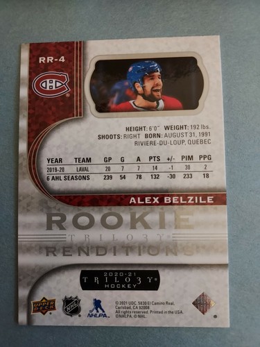 2020-21 UPPER DECK TRILOGY ROOKIE RENDITIONS ALEX BELZILE MONTREAL CANADIENS - Bild 2 von 2