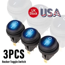 3PCS Blue LED DC 12V 20A Car Boat ON/OFF Round Waterproof Rocker Toggle Switch