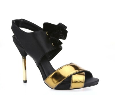 Womens Tory Burch Black And Bronze Leather Fabric High Heel Sandals Size 7 M