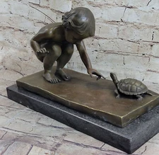 Art Deco Sculpture "Girl And Turtle" Lovely Girl Animal Bronze Signed Figure