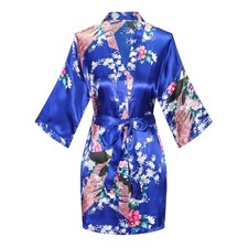 Womens Short Kimono Robes Bride and Bridesmaid Satin Floral Bathrobe Peacock ...