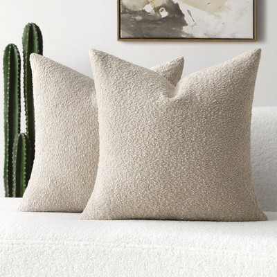 Pack of 2 Beige Decorative Throw Pillow Covers 18x18 Inch Soft Cozy Solid Bou...
