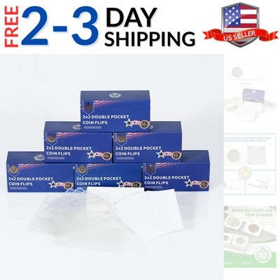 600 Pockets 300 Pieces 2x2 Double Pocket Coin Flip Clear Safe Storage Coin Sl...