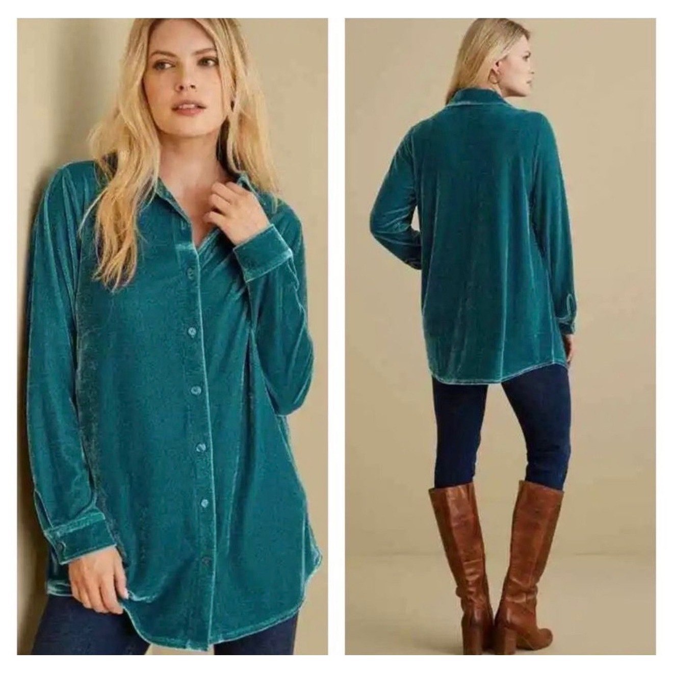 Soft Surroundings Velvet Shirt Womens XL Green Button Down Long Sleeve