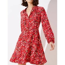 LOFT Red Floral Print Ruffle Collar Long Sleeve Dress Women Size 8