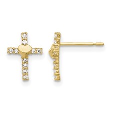 CZ Heart Center Cross Post Earrings Real 10k Yellow Gold Religious