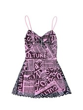 Urban Outfitters Pink/Black Newsprint Graphic Mesh Chemise Slip Mini Size XS