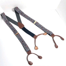 Vintage Pelican Suspenders, Gray Blue Paisley Leather Button Braces Made USA GUC