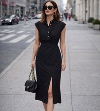 Old Navy Shirt Dress Waist Defined Twist Front Midi 1/2 Button-Up Size 2X Black