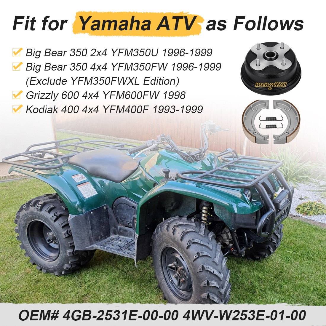 Rear Brake Drum Hub & Shoes Kit for Yamaha Big Bear 350 Kodiak 400 Grizzly 600