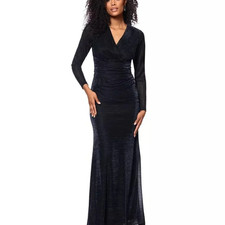 NWT Betsy Adam Women's Metallic V-Neck Long-Sleeve Gown Black Silver SIZE 4