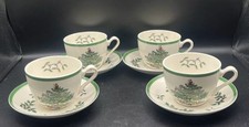 Spode Tea Cup And Saucer Christmas Tree England Vintage Porcelain 4 Sets