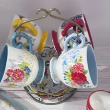 ​The Pioneer Woman Floral Medley Mug Rack with 4 Mugs and 4 Saucers 9-Piece Set